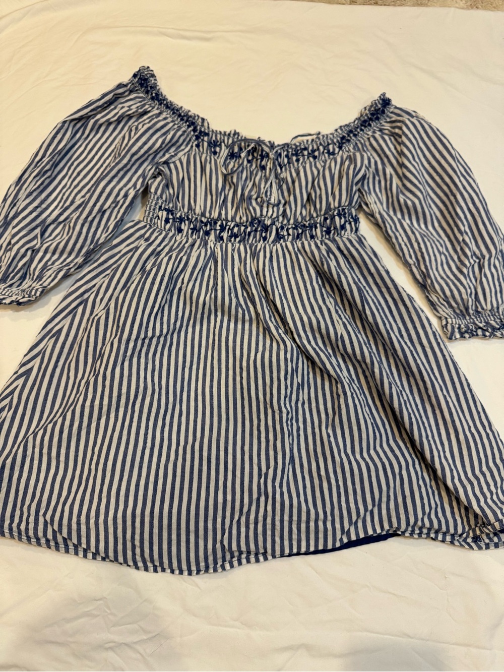 American Eagle Outfitters Blue and White Striped Off-Shoulder Dress